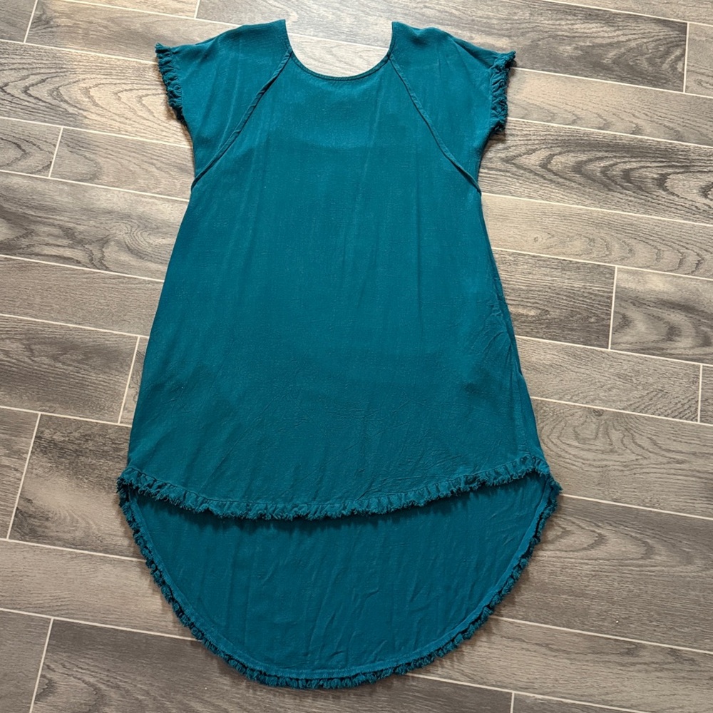Umgee Teal Fringed Hem Dress